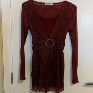 Long sleeved Dark Red Glittery Sheer Fabric Top